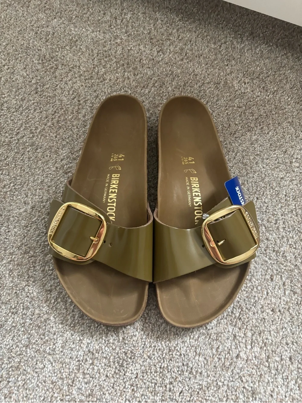 Birkenstock Madrid Big Buckle Slide — Olive with Gold Buckle